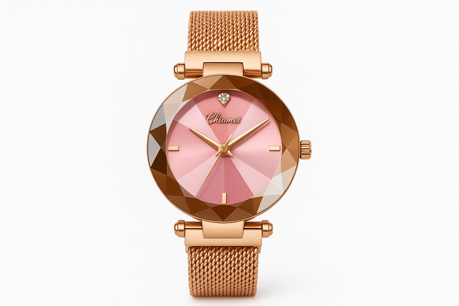 Professional product photo of rose gold watch with pink dial