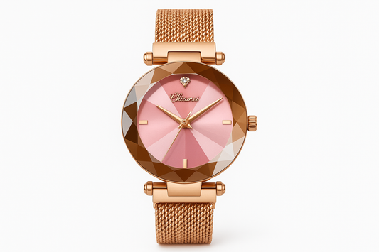 Professional product photo of rose gold watch with pink dial