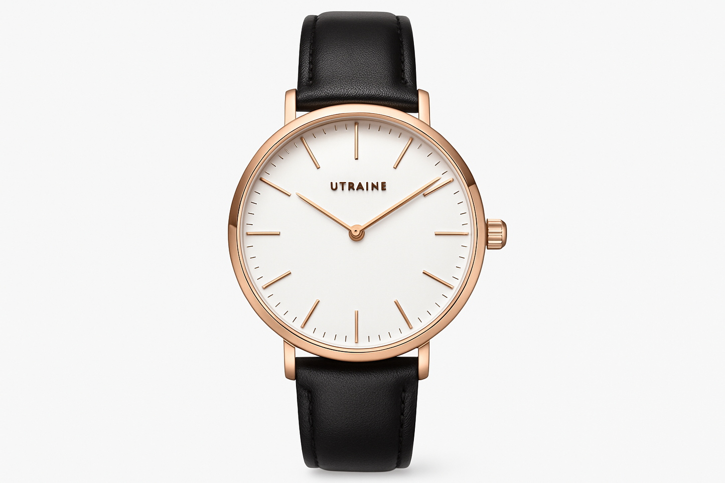 Professional product photo of rose gold watch with white dial