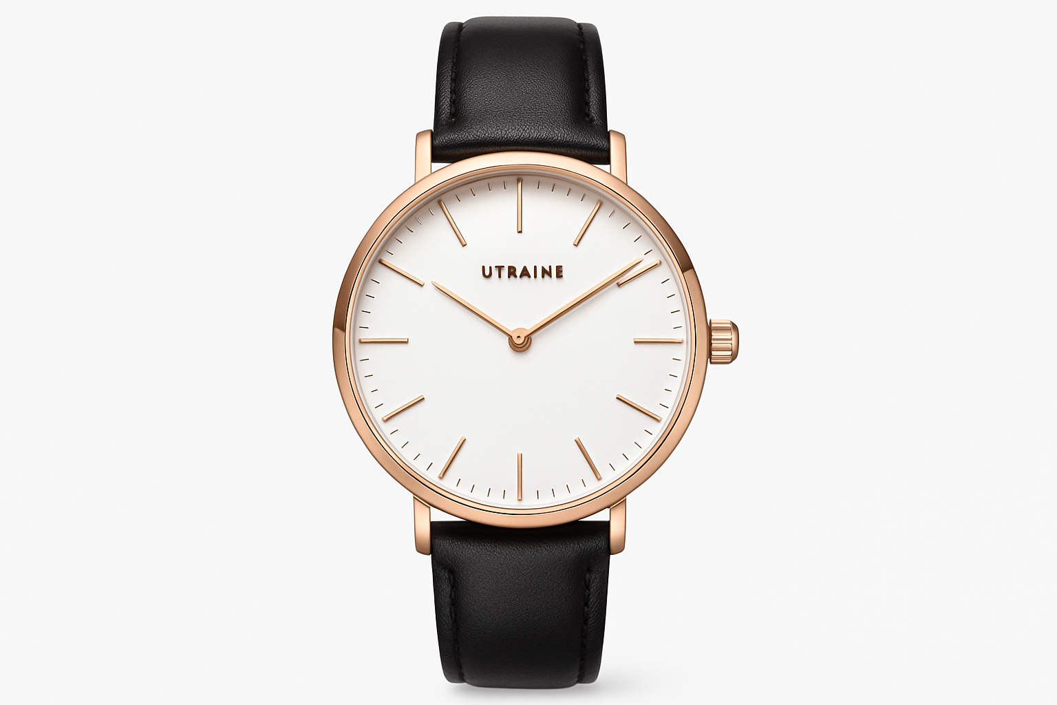 Professional product photo of rose gold watch with white dial