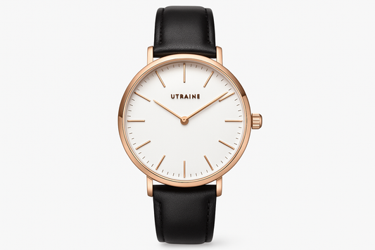 Professional product photo of rose gold watch with white dial