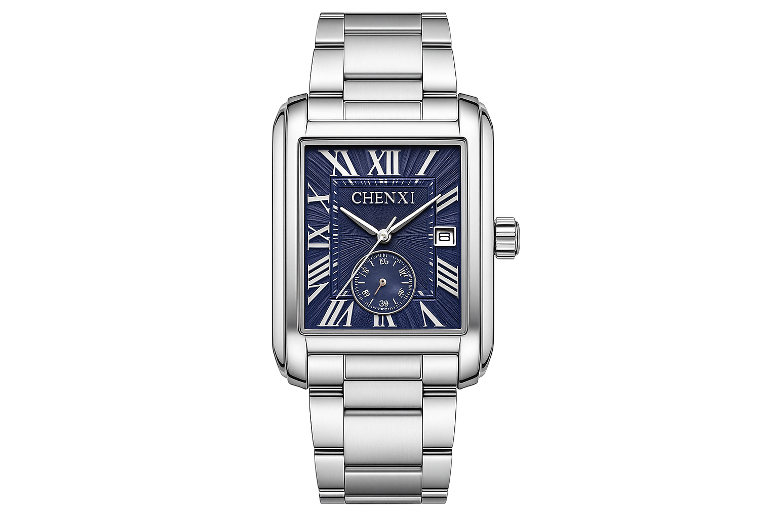 Professional product photo of stainless steel rectangular watch