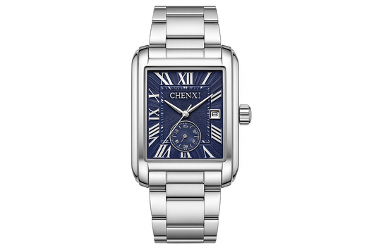 Professional product photo of stainless steel rectangular watch