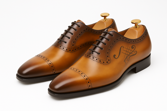 Professional product photo of tan leather oxford dress shoes