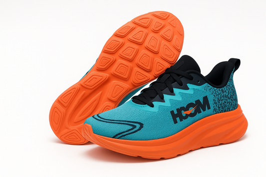 Professional product photo of turquoise and orange athletic sneakers