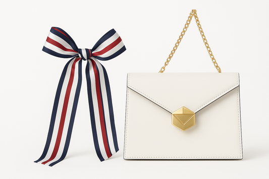 Professional product photo of white envelope clutch with striped scarf