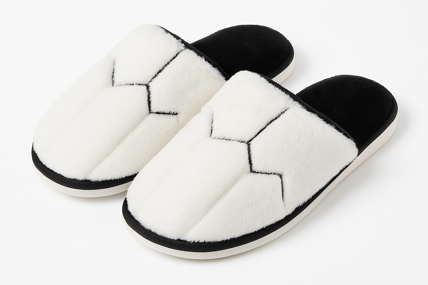 Professional product photo of white fuzzy slippers with black trim