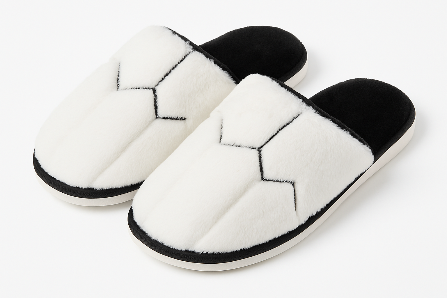 Professional product photo of white fuzzy slippers with black trim