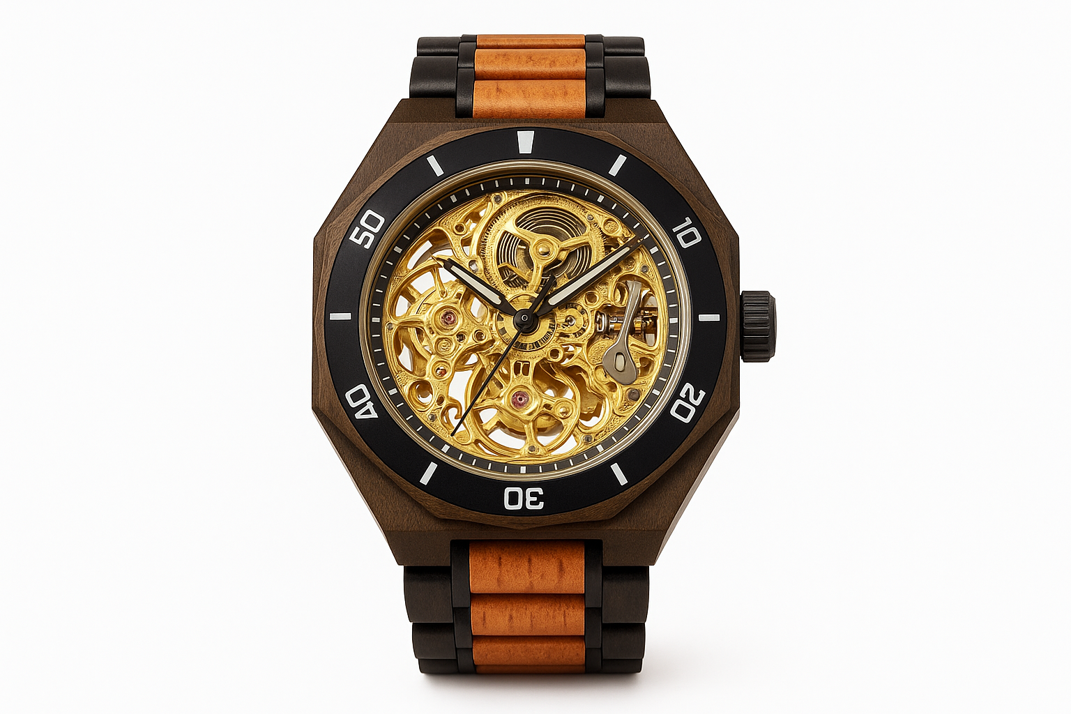 Professional product photo of wooden automatic watch