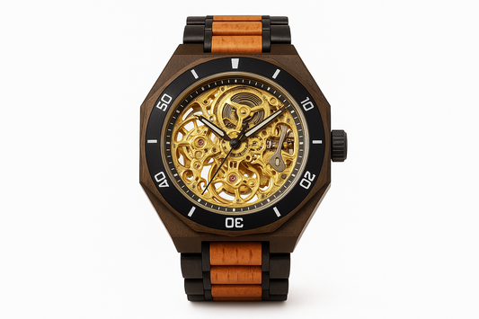 Professional product photo of wooden automatic watch