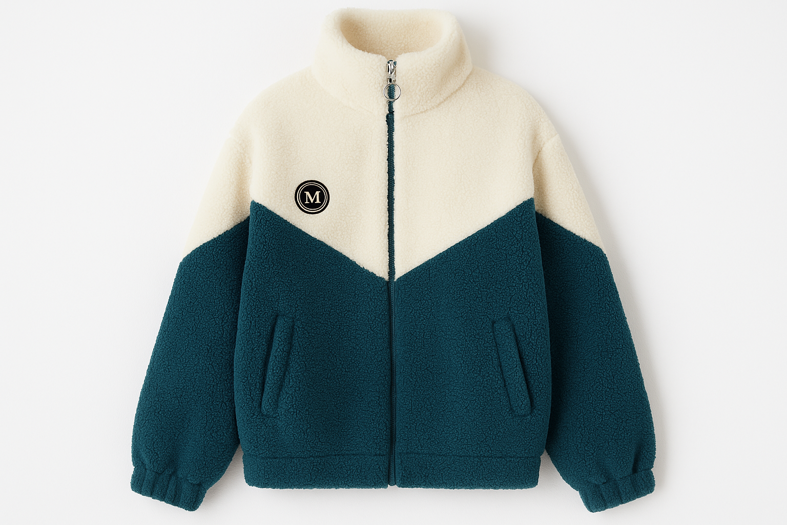 White and teal teddy fleece jacket with clean background