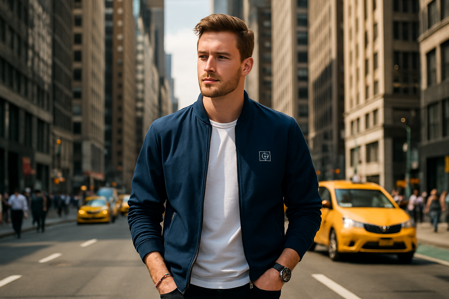 White Caucasian man in navy bomber jacket walking in Manhattan
