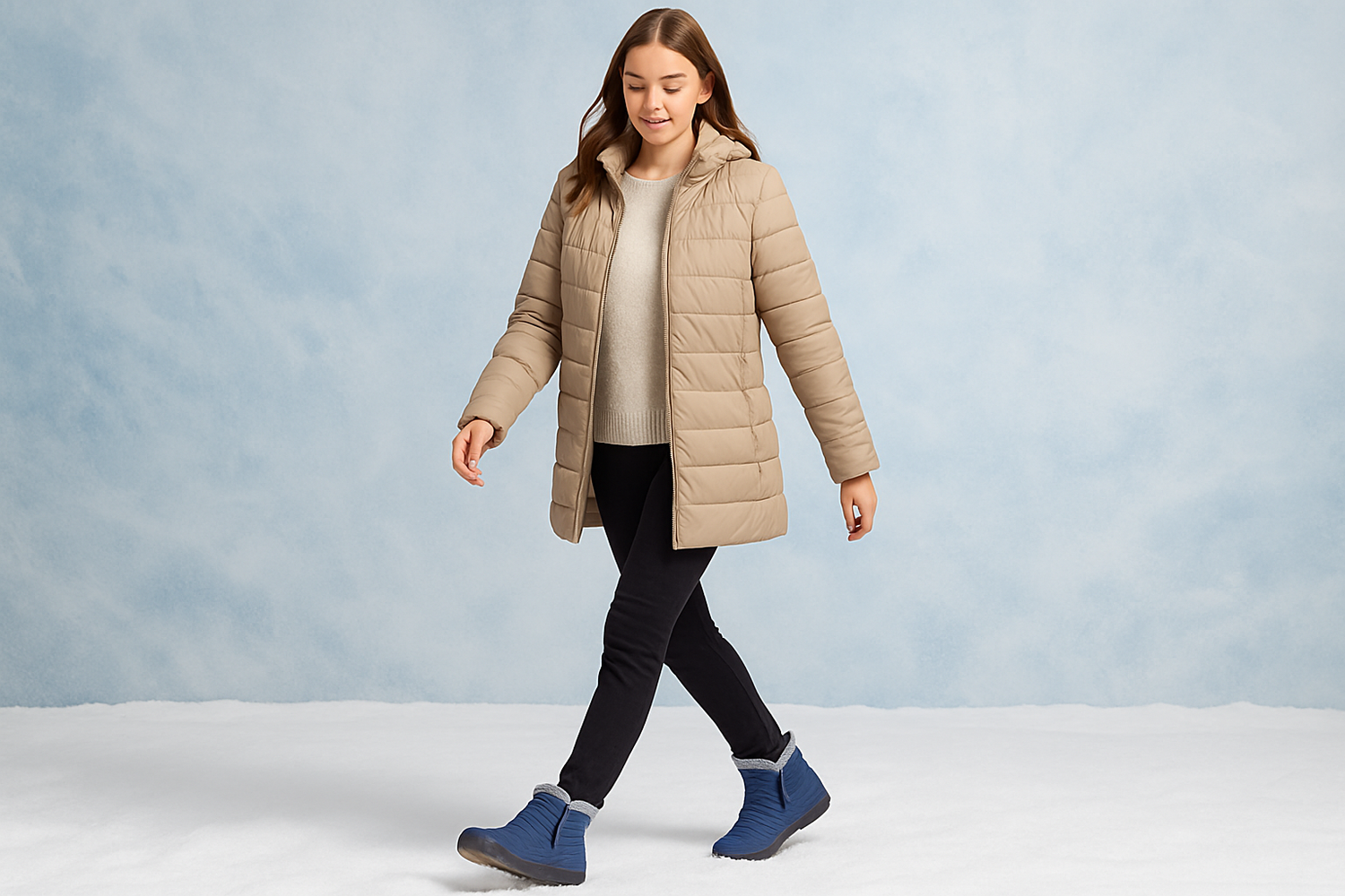 Woman wearing blue winter boots