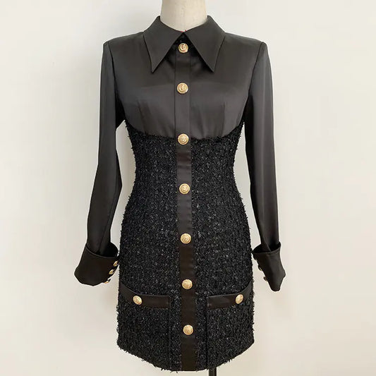 Autumn Winter Lion Button Rivet Satin Stitch Dress